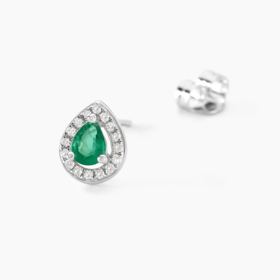 Boucles D'oreilles Puces Elheme Or Blanc Emeraude Et Diamant