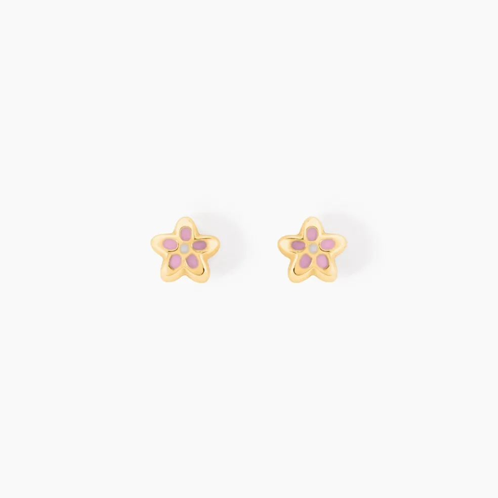 Boucles D'oreilles Puces Fleur Email Or Jaune