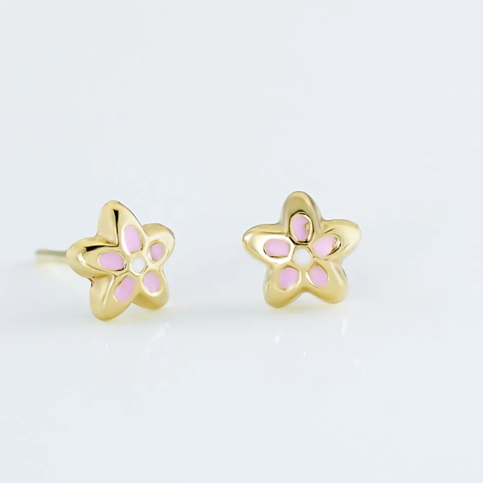 Boucles D'oreilles Puces Fleur Email Or Jaune