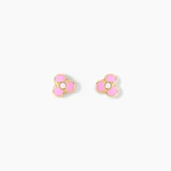 Boucles D'oreilles Puces Fleur Rose Or Jaune