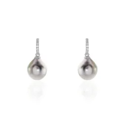 Boucles D'oreilles Puces Gatiene Or Blanc Perle De Culture Et Diamant