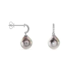 Boucles D'oreilles Puces Gatiene Or Blanc Perle De Culture Et Diamant
