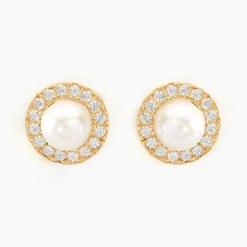 Boucles D'oreilles Puces Grizel Or Jaune Perle De Culture Et Oxyde