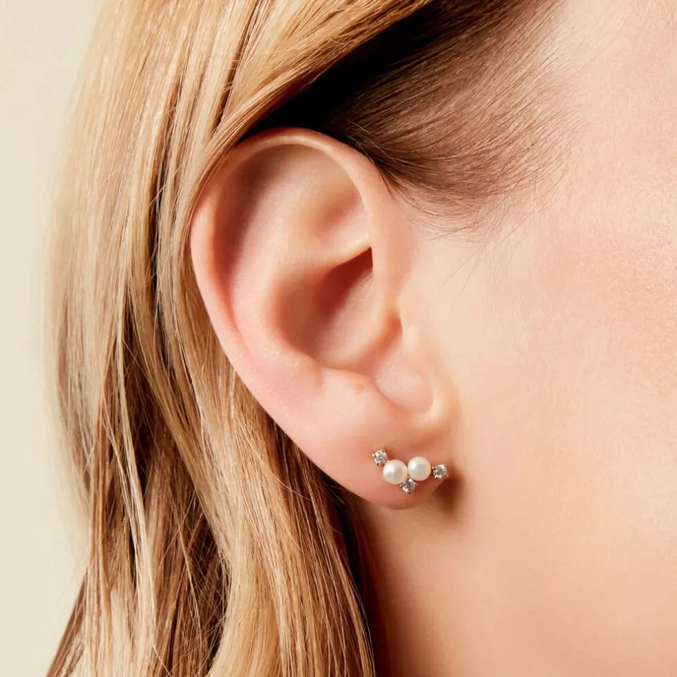 Boucles D'Oreilles Puces Katri Or Jaune Perle De Culture Oxyde De Zirconium