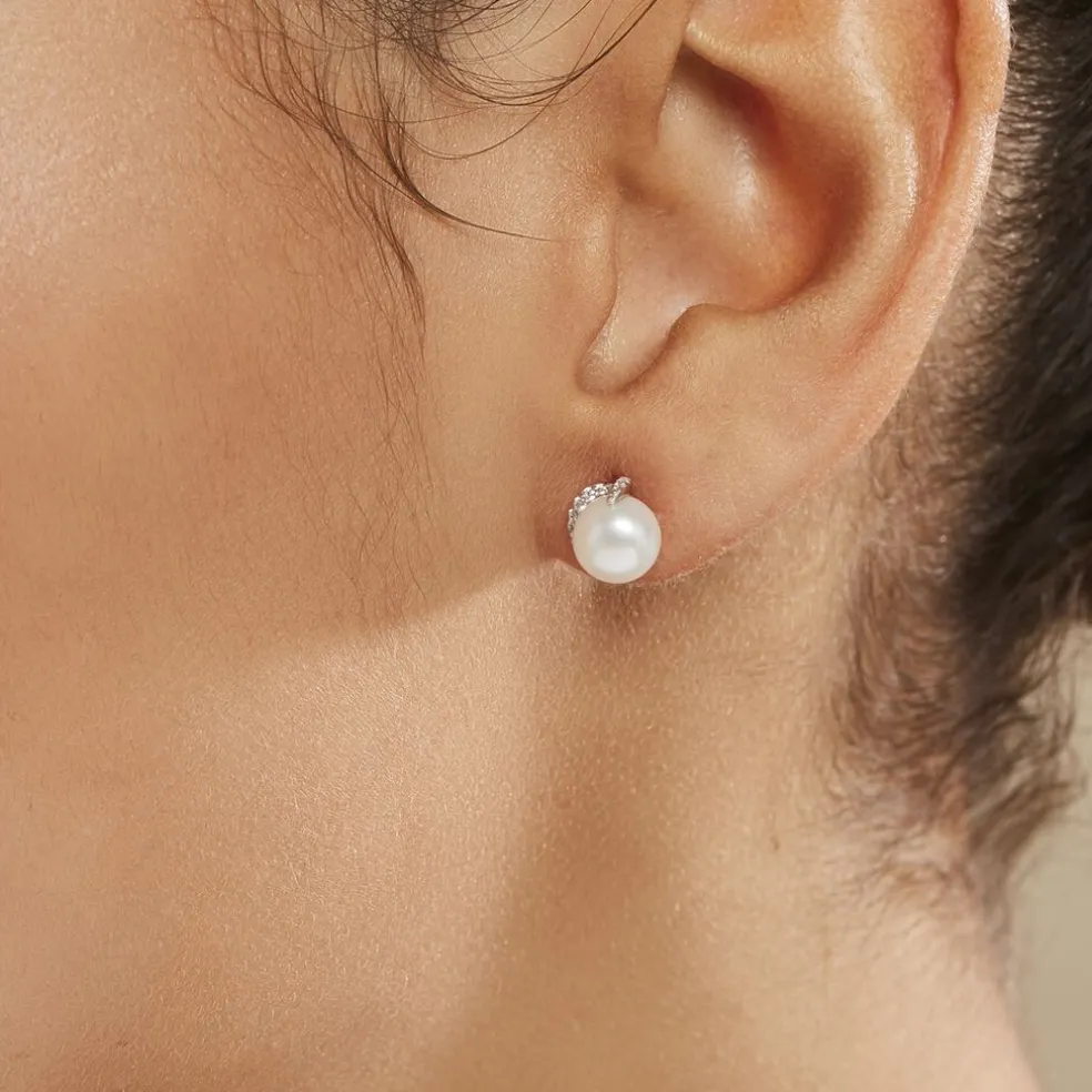 Boucles D'oreilles Puces Lucinda Or Blanc Perle De Culture Et Oxyde