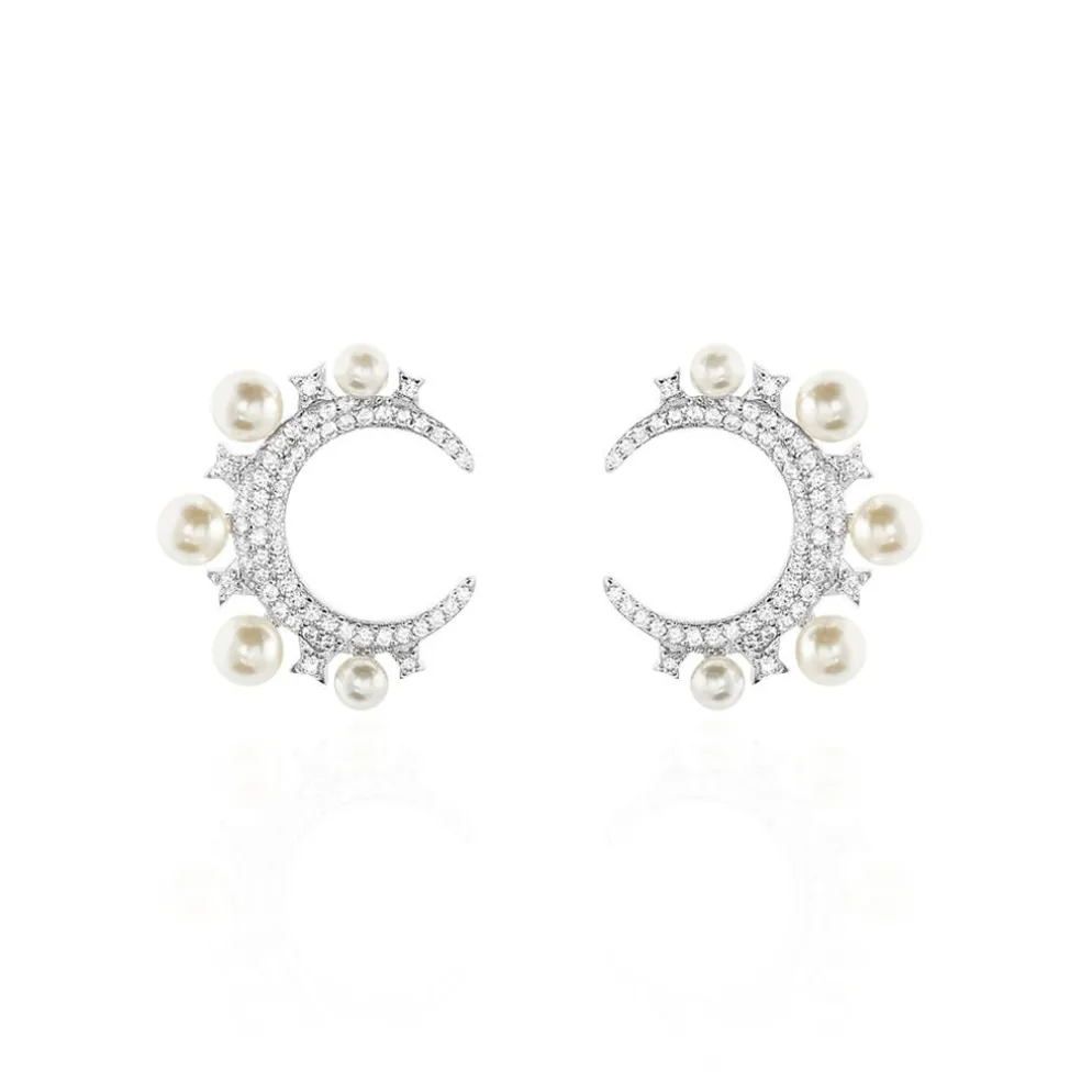 Boucles D'oreilles Puces Moon Argent Perle D'imitation Et Oxyde