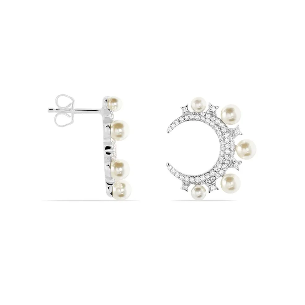 Boucles D'oreilles Puces Moon Argent Perle D'imitation Et Oxyde