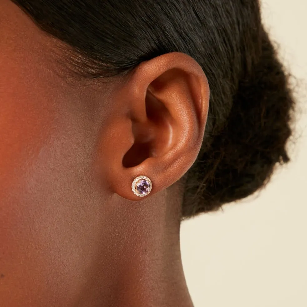 Boucles D'Oreilles Puces Munira Or Jaune Améthyste Oxyde De Zirconium
