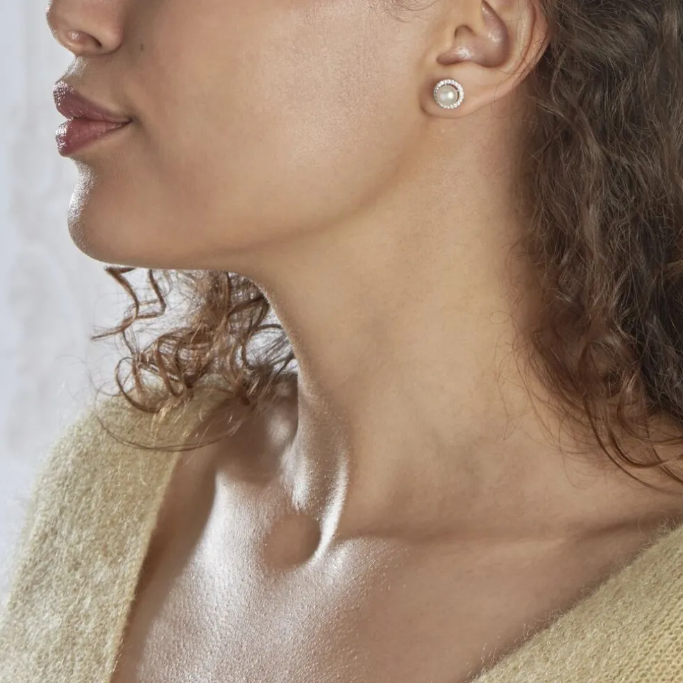 Boucles D'oreilles Puces Mathie Argent Blanc Perle De Culture Et Oxyde