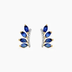 Boucles D'oreilles Puces Navette Or Jaune Saphir Diamant