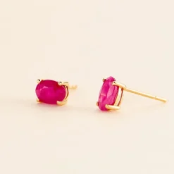 Boucles D'oreilles Puces Ovale Or Jaune Rubis