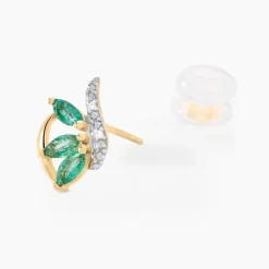 Boucles D'oreilles Puces Or Bicolore Petale Emeraude Diamant