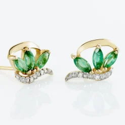 Boucles D'oreilles Puces Or Bicolore Petale Emeraude Diamant