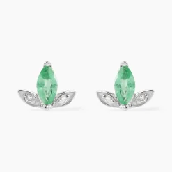 Boucles D'oreilles Puces Or Blanc Febe Emeraude Diamant