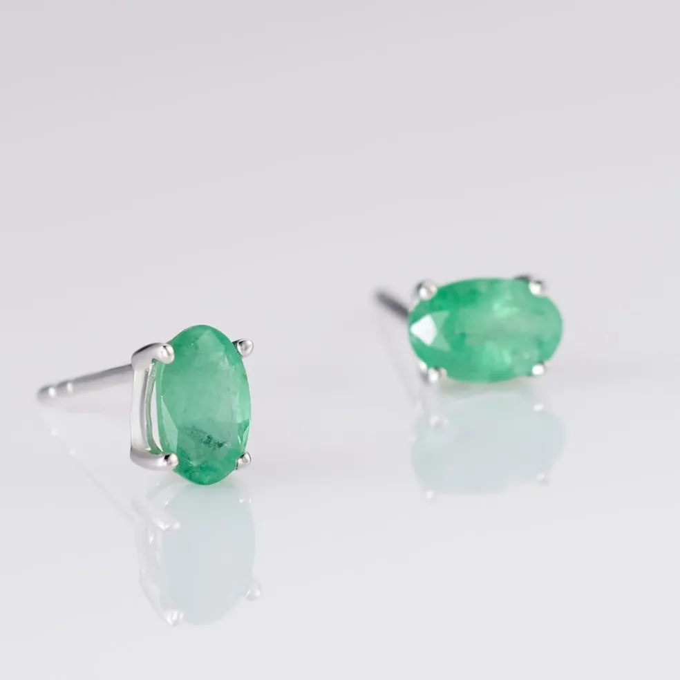 Boucles D'oreilles Puces Ovale Or Blanc Emeraude