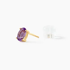 Boucles D'oreilles Puces Ovale Serti Griffe Or Jaune Amethyste