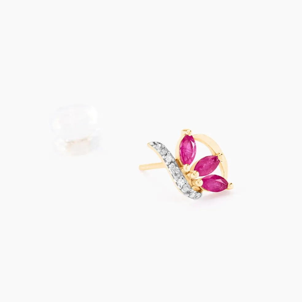 Boucles D'oreilles Puces Petale Or Bicolore Rubis Et Diamant