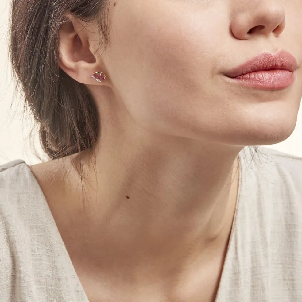 Boucles D'oreilles Puces Petale Or Bicolore Rubis Et Diamant