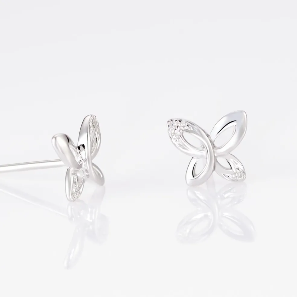 Boucles D'oreilles Puces Papillon Or Blanc Diamant