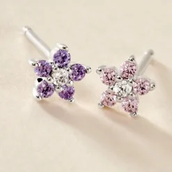 Boucles D'oreilles Puces Purple Bloom Argent Blanc Oxyde De Zirconium