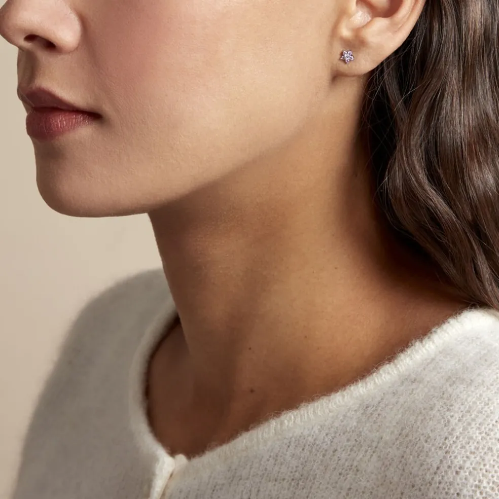 Boucles D'oreilles Puces Purple Bloom Argent Blanc Oxyde De Zirconium