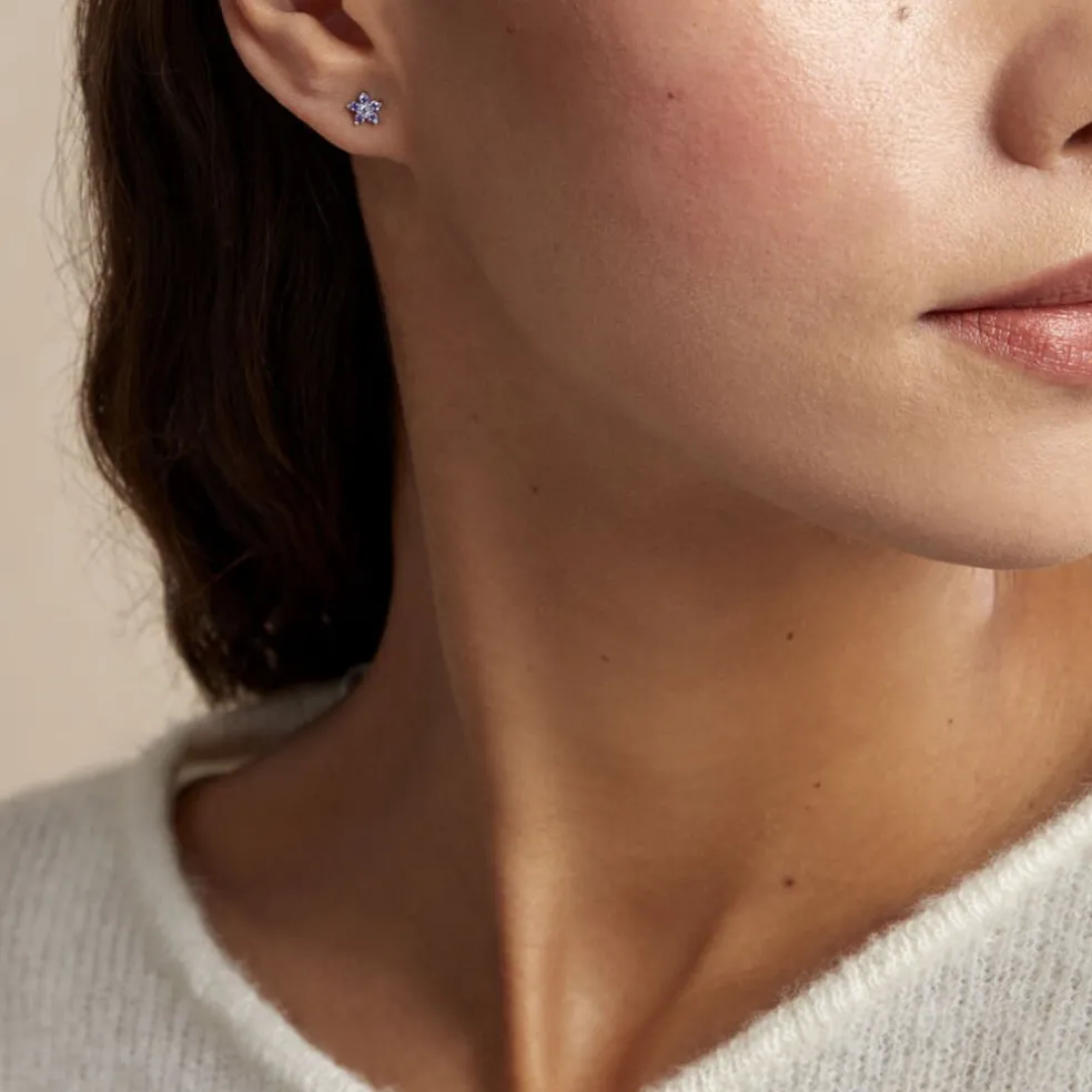 Boucles D'oreilles Puces Purple Bloom Argent Blanc Oxyde De Zirconium