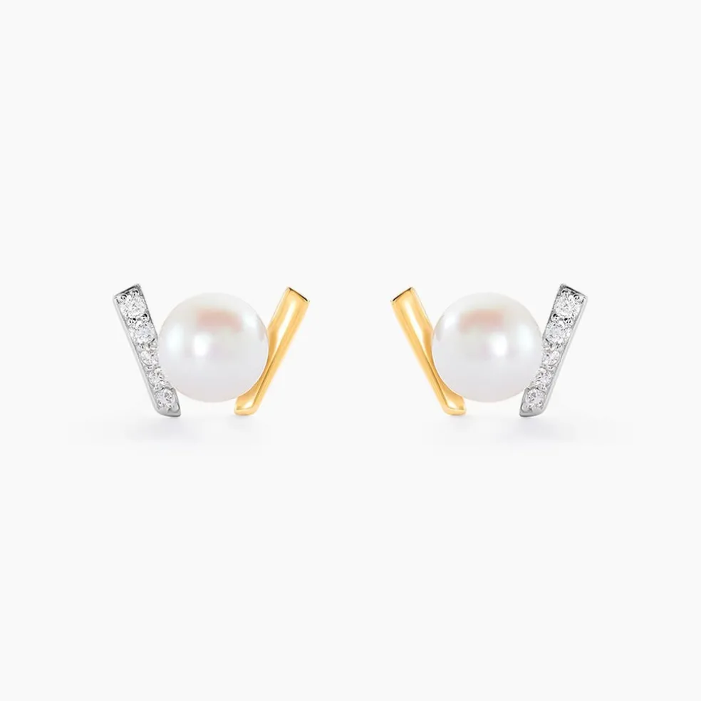Boucles D'oreilles Puces Pearly Or Jaune Perle De Culture Oxyde