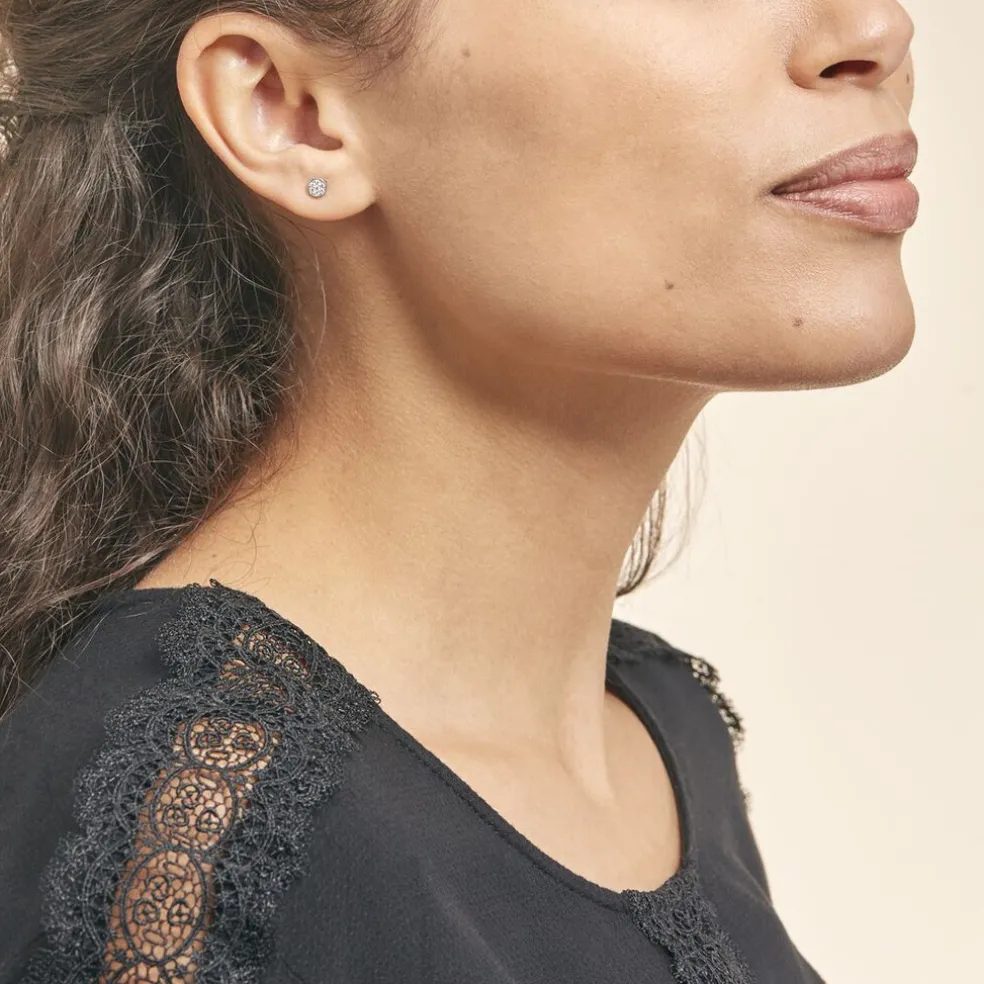 Boucles D'oreilles Puces Pastille Serti Clos Or Blanc Oxyde