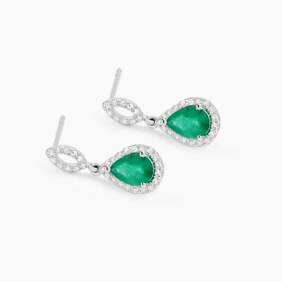 Boucles D'oreilles Puces Sissi Or Blanc Diamant Et Emeraude