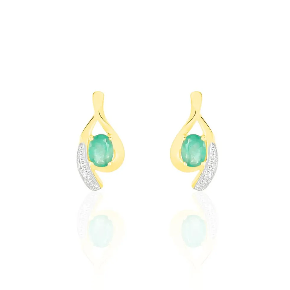 Boucles D'oreilles Puces Sagesse Or Jaune Emeraude Et Diamant