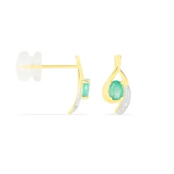 Boucles D'oreilles Puces Sagesse Or Jaune Emeraude Et Diamant