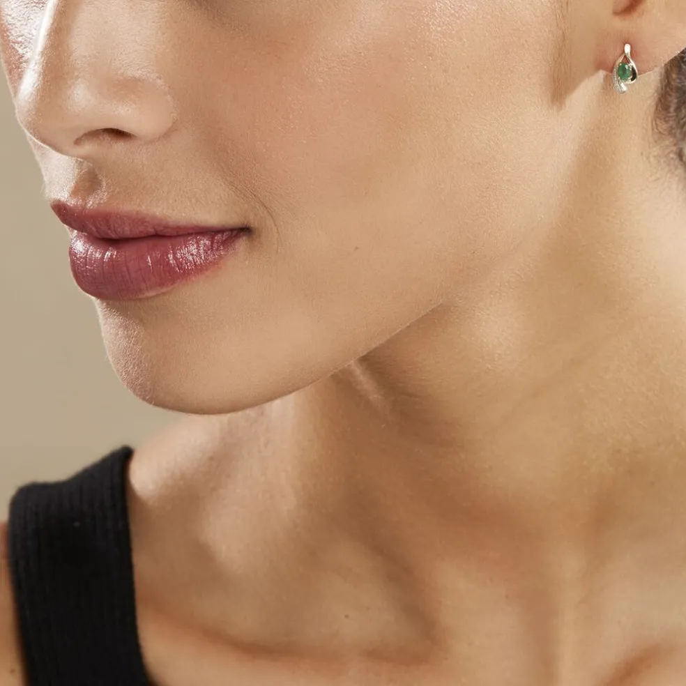 Boucles D'oreilles Puces Sagesse Or Jaune Emeraude Et Diamant