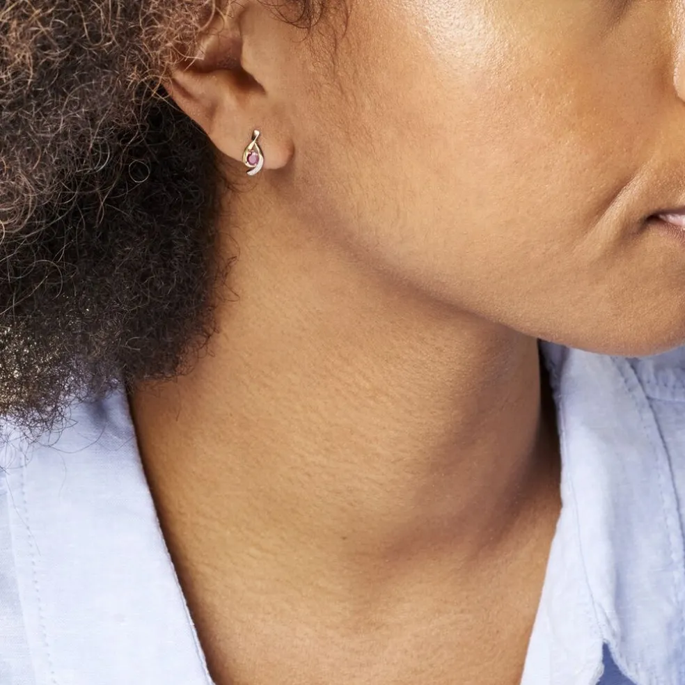 Boucles D'oreilles Puces Sagesse Or Jaune Rubis Et Diamant