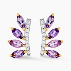 Boucles D'oreilles Puces Tiara Or Jaune Améthyste Oxyde De Zirconium