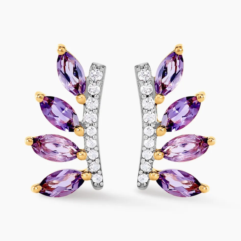 Boucles D'oreilles Puces Tiara Or Jaune Améthyste Oxyde De Zirconium