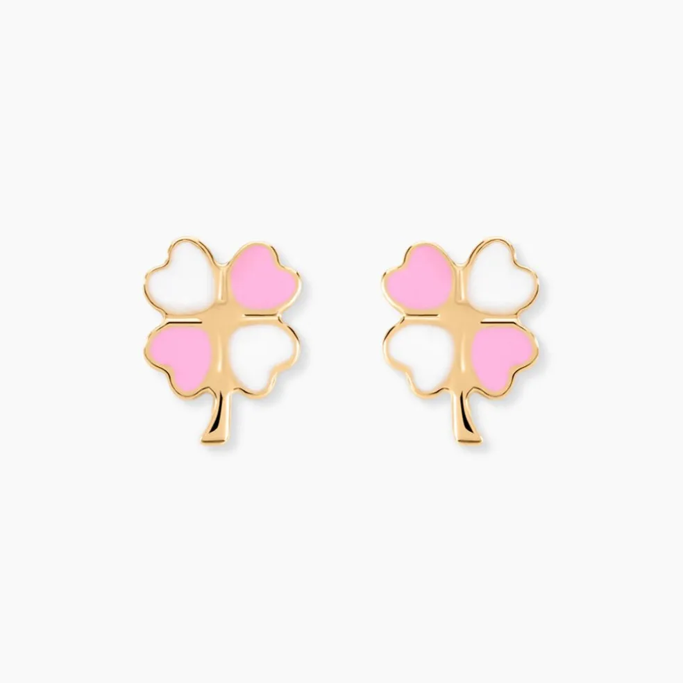 Boucles D'oreilles Puces Trefle Email Or Jaune