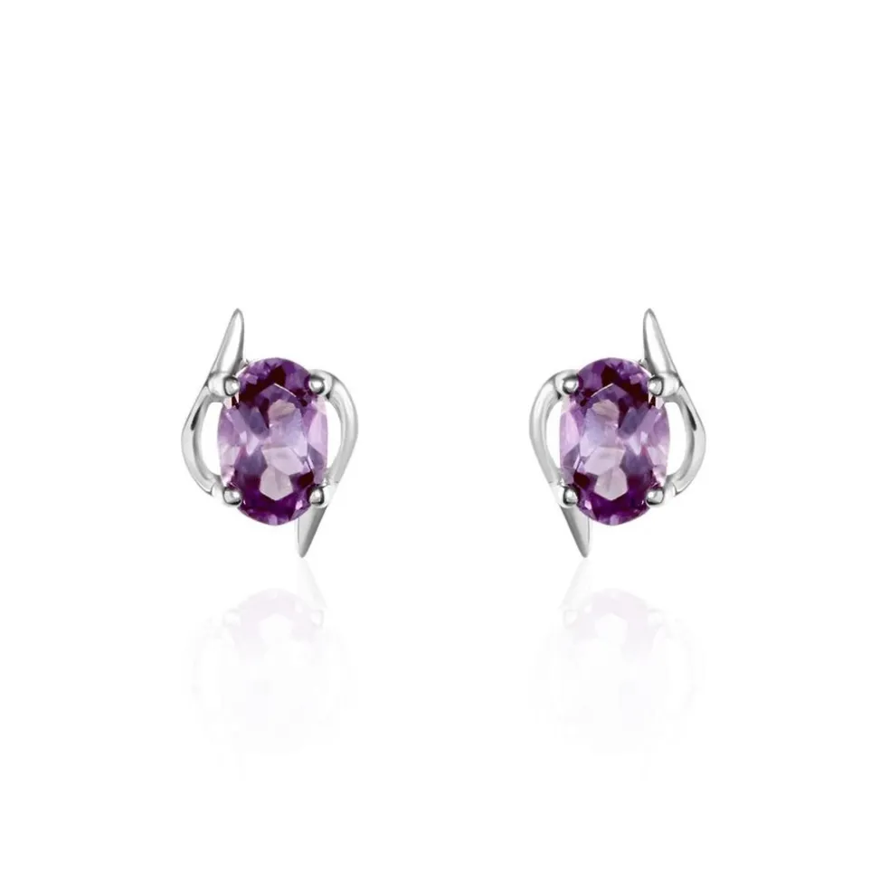 Boucles D'oreilles Puces Vrille Ovale Or Blanc Amethyste