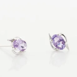 Boucles D'oreilles Puces Vrille Ovale Or Blanc Amethyste
