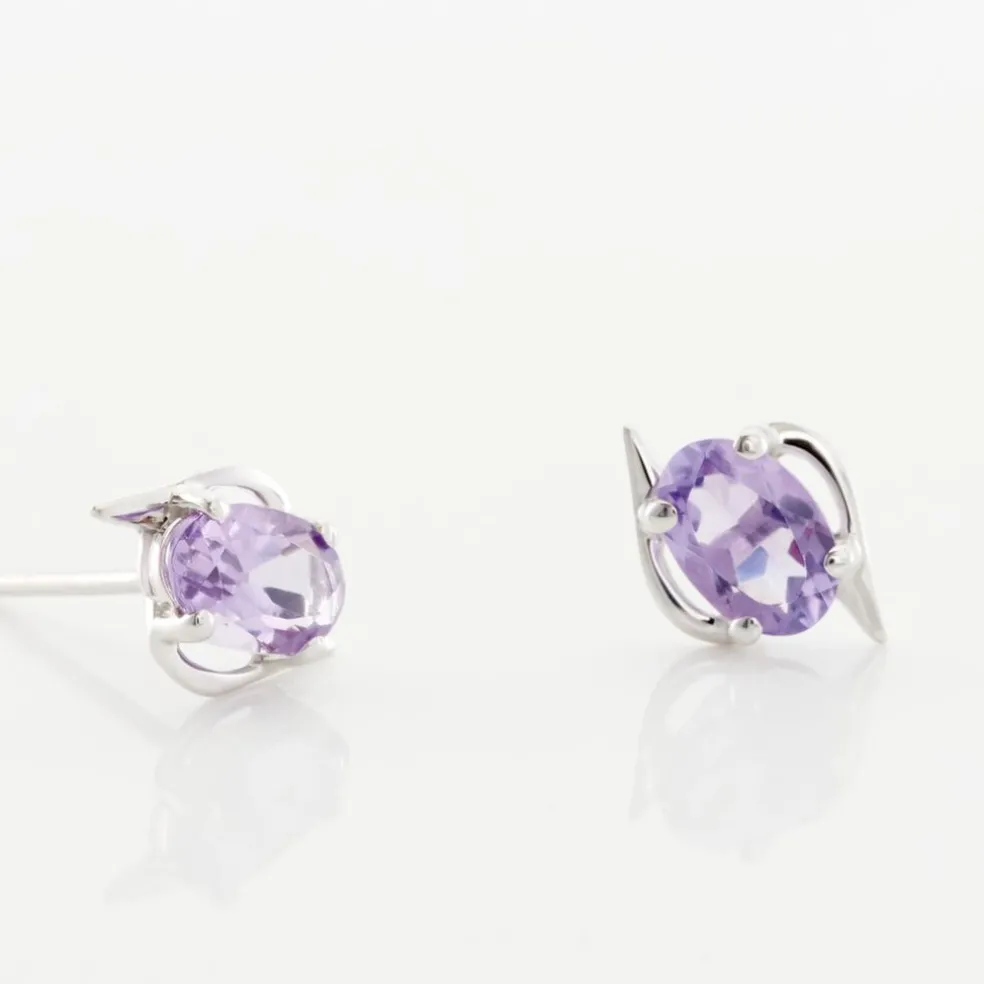 Boucles D'oreilles Puces Vrille Ovale Or Blanc Amethyste