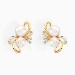 Boucles D'oreilles Puces Wandula Or Jaune Perle De Culture Et Diamant