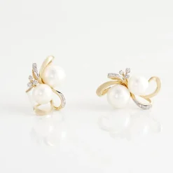 Boucles D'oreilles Puces Wandula Or Jaune Perle De Culture Et Diamant