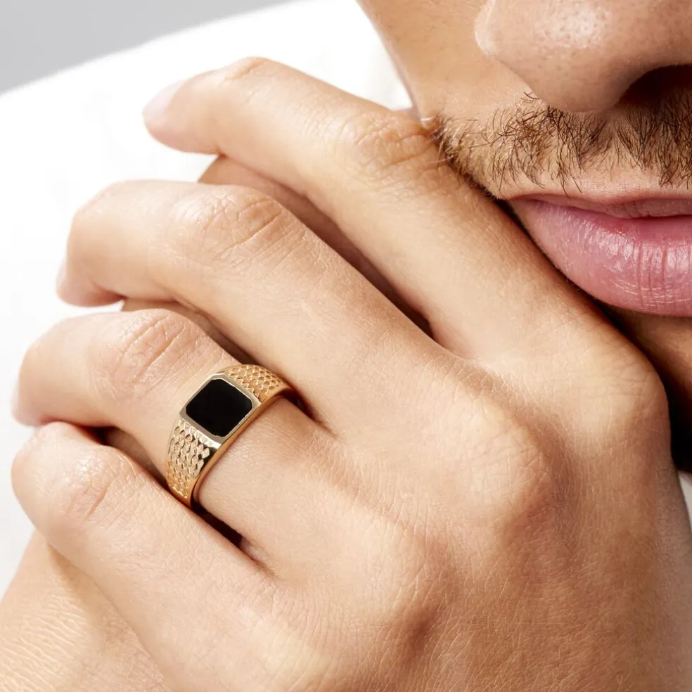 Chevalière Plaqué Or Jaune Ariston Email Noir