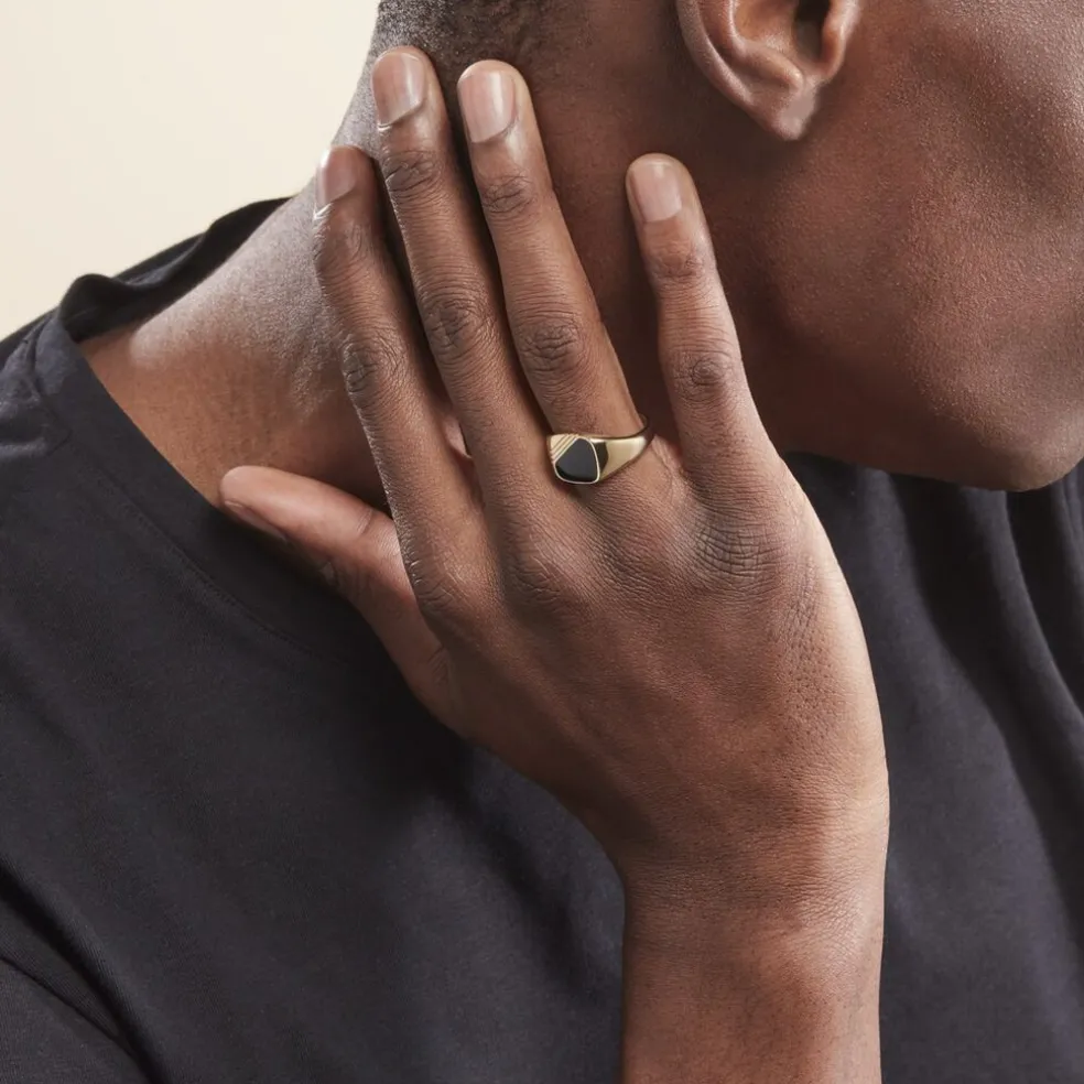 Chevalière Plaqué Or Jaune Nelson Email Noir