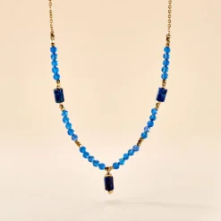 Collier Attila Acier Doré Lapis Lazuli Agate