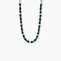 Collier Jourdan Bengale Acier Argenté Malachite Pierre De Lave