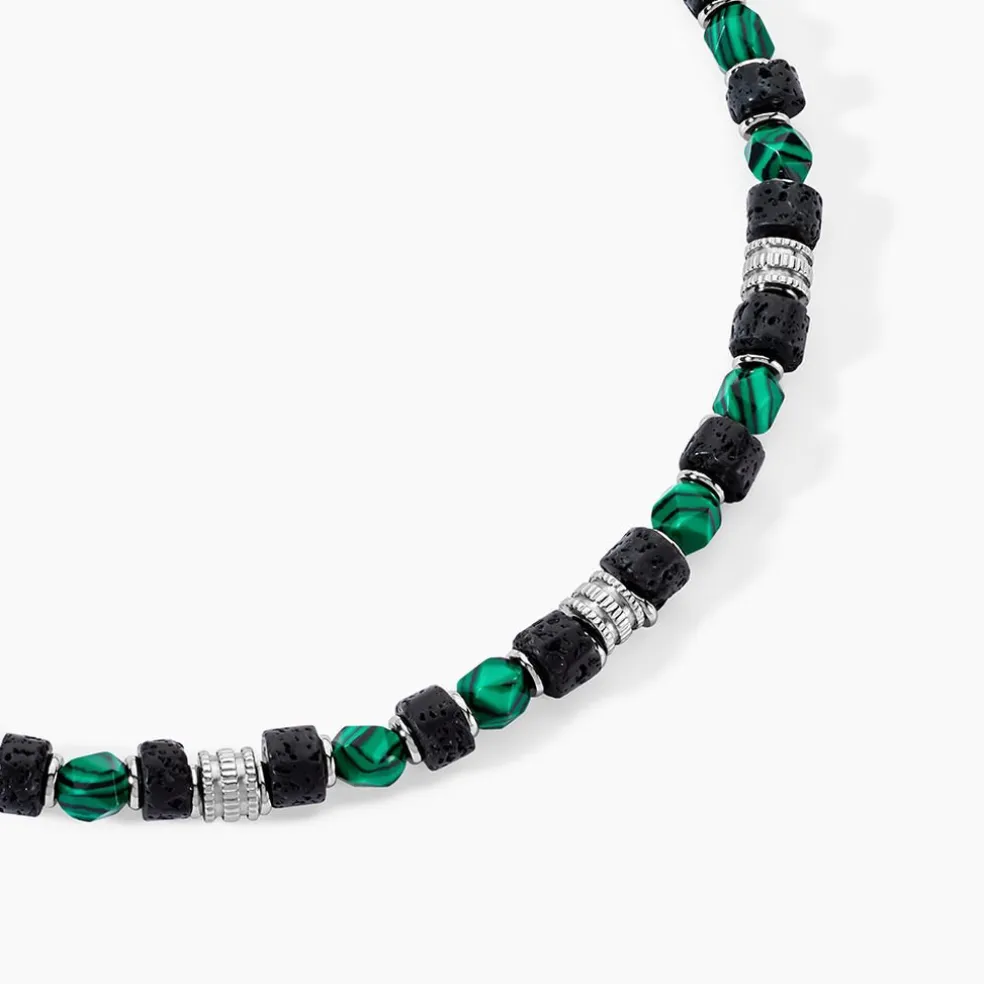 Collier Jourdan Bengale Acier Argenté Malachite Pierre De Lave