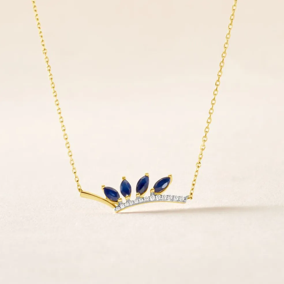 Collier Navette Or Jaune Saphir Diamant