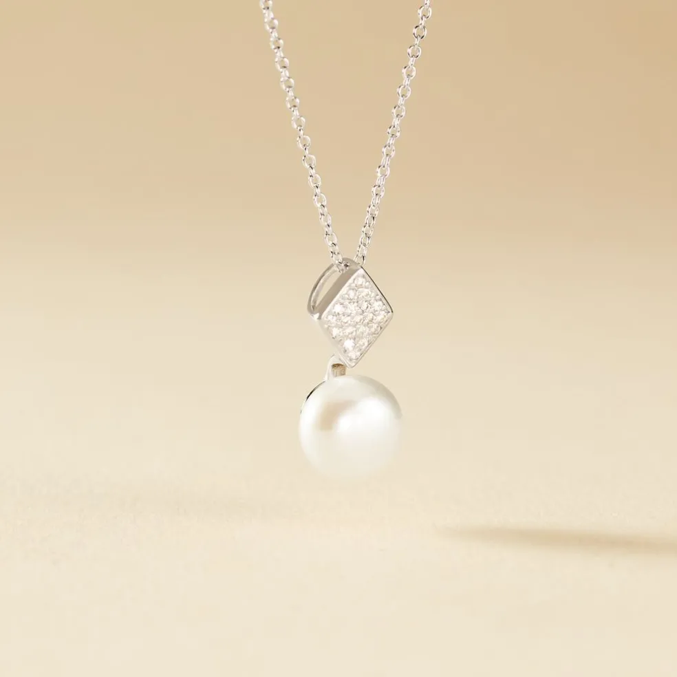Collier Shirine Argent Blanc Perle De Culture Et Oxyde De Zirconium