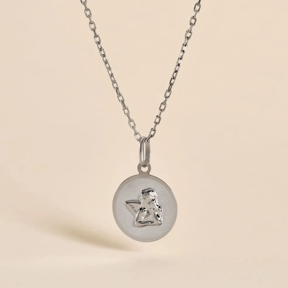 Pendentif Ange Rond Satine Or Blanc