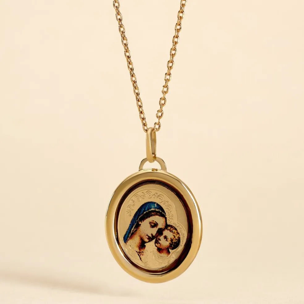 Pendentif Vierge A L'enfant Ovale Or Jaune